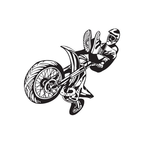 Dirt bike rider decal with outlined wheel and rider on a bike, black and white