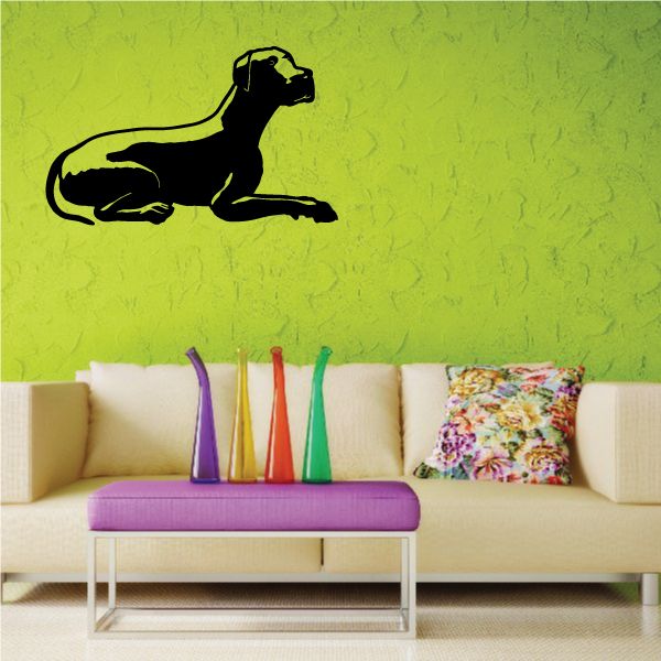 Hungry Great Dane decal with black dog silhouette, sitting profile view