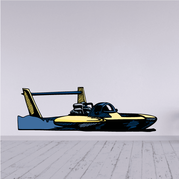 Detailed hydroplane sticker, blue and yellow race boat with black details
