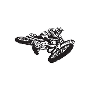 Dirt bike jump decal with rider on black and white graphic