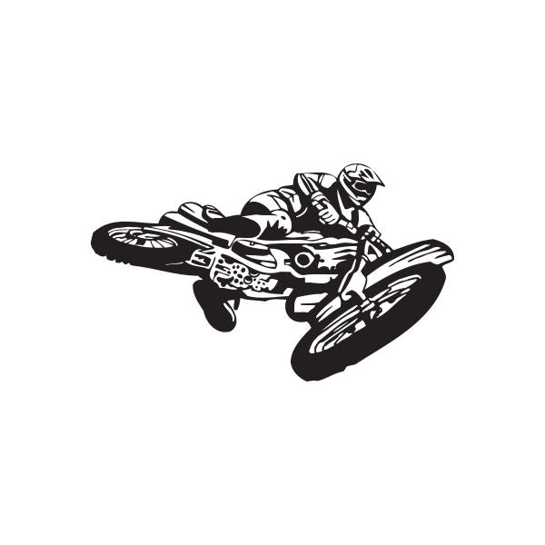 Dirt bike jump decal with rider on black and white graphic