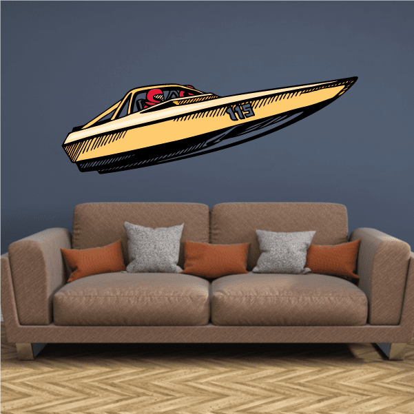 Cartoon jumping speedboat sticker with yellow hull and bold graphics