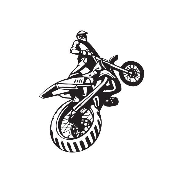 Dirt bike decal: black-and-white motocross rider on a kickback bike.