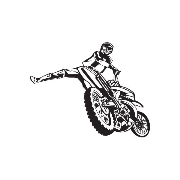 Dirt bike decal in black line art with rider in kicking pose