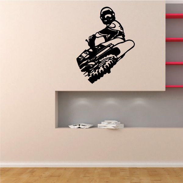 Dirt bike rider decal, black silhouette with handlebars and knobby wheel