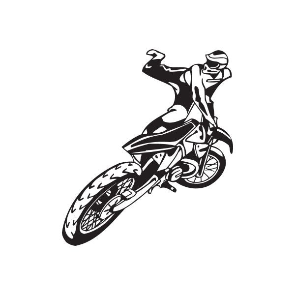 Dirt bike rider back decal with helmet and off-road motorcycle silhouette in black and white