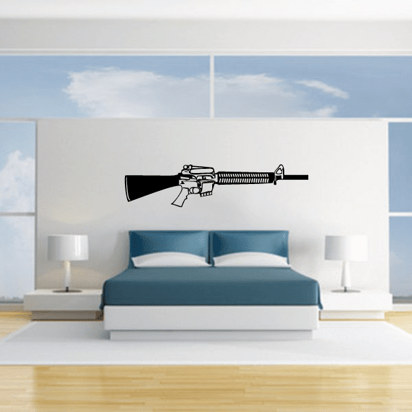 M16 assault rifle wall decal, detailed black outline with rifle profile