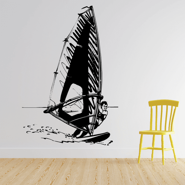 Male windsurfer decal of sailboat with rider, black and white, detailed lines