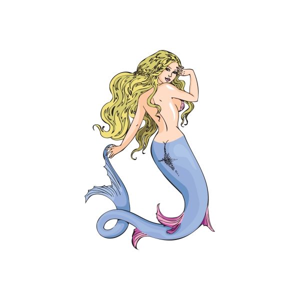 Detailed mermaid sticker of blonde-haired woman with blue tail and pink accents