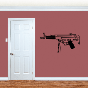 Detailed MP5 submachine gun wall decal, side view with dark outline and tan accents