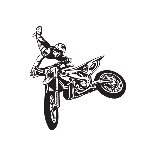 Black and white dirt bike rider decal with detailed whip pose