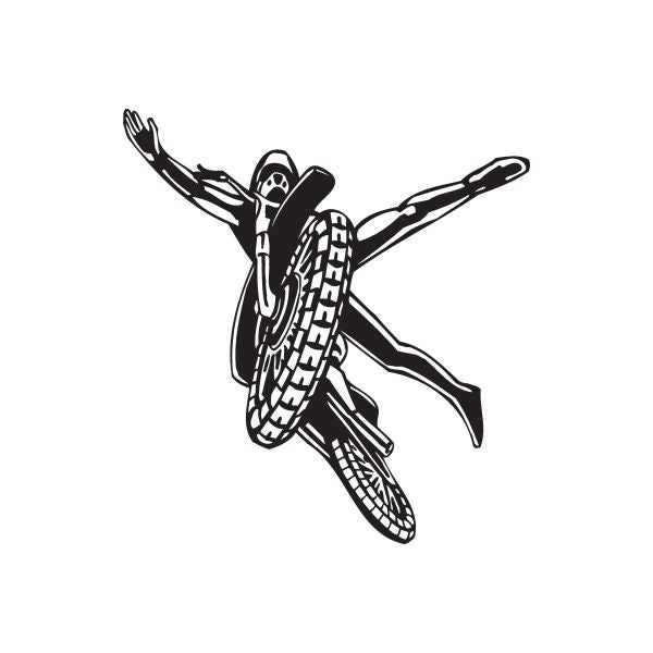 Dirt bike jump decal with rider silhouette, black and white