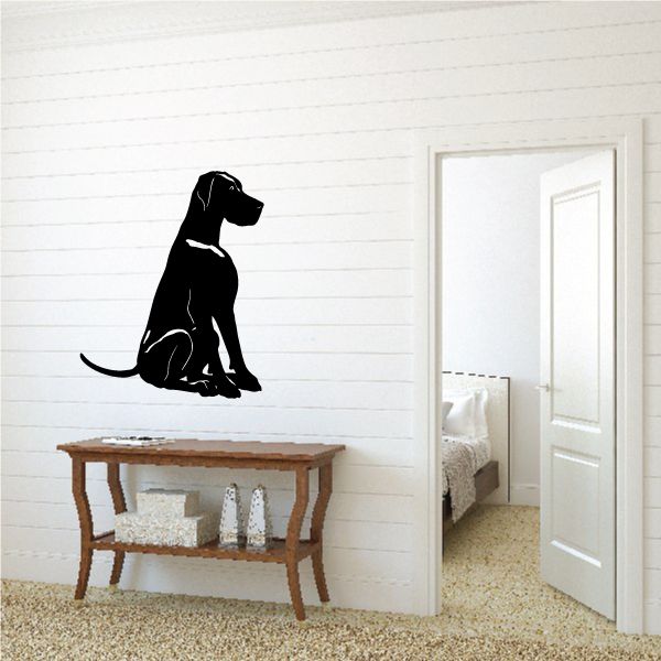 Great Dane obedience dog decal, black sitting silhouette on wall.