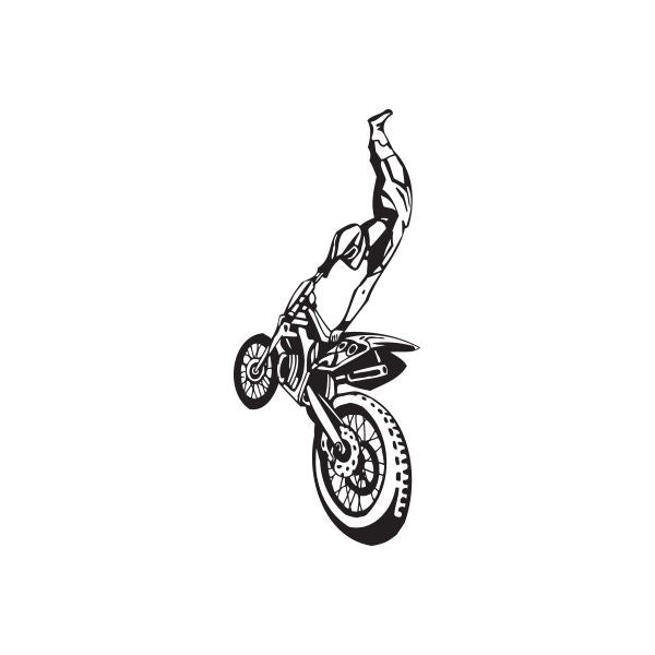 Dirt bike hand grab decal, black and white line art of rider on motorcycle wheelie