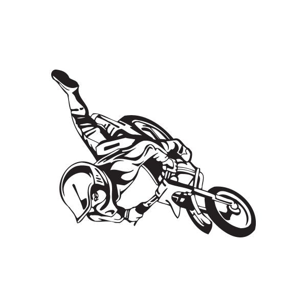One-leg flip dirt bike decal with rider, black and white