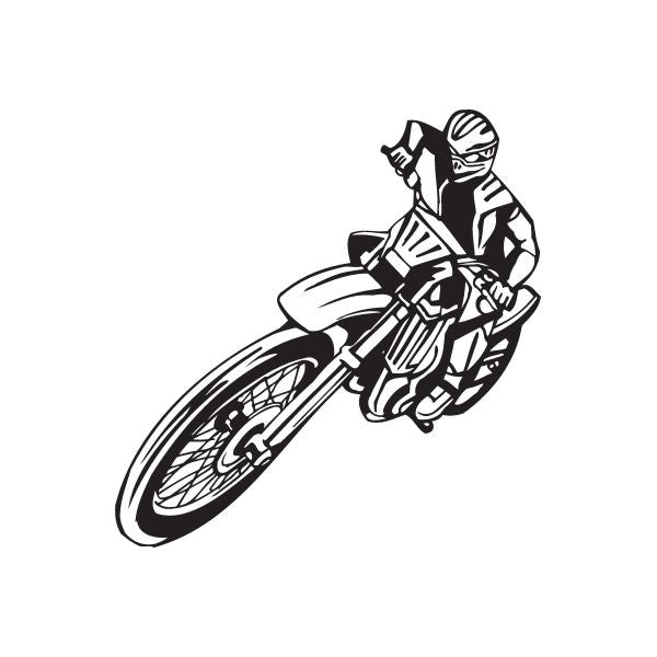Dirt bike decal with rider line-art, black and white