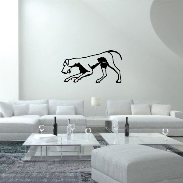 Playing Great Dane decal with black line-art dog in stretched posture on light background