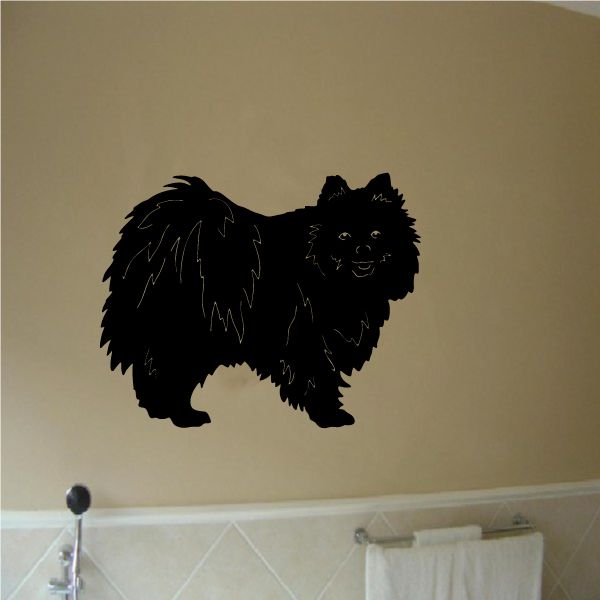 Pomeranian dog decal, black detailed silhouette with smiling face