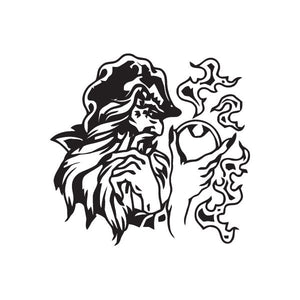 Wizard decal with line-art face, beard, and swirling flames, black