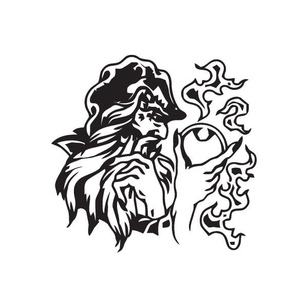 Wizard decal with line-art face, beard, and swirling flames, black