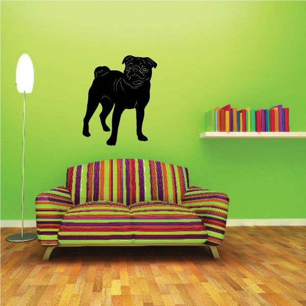 Detailed pug decal: black standing pug silhouette on a wall