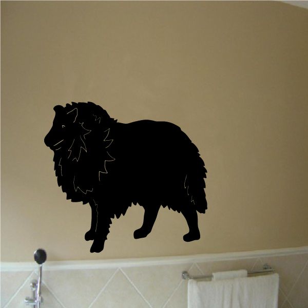 Detailed rough collie dog decal, black standing side profile silhouette
