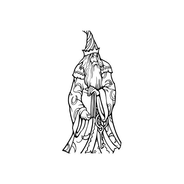 Wizard decal of a royal sorcerer in robe with tall hat, long beard, holding staff