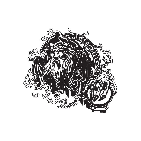 Runic wizard decal, black-and-white skull-faced sorcerer with ornate circular border