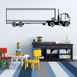 Semi truck decal sticker with cab and rectangular trailer, black and white line art