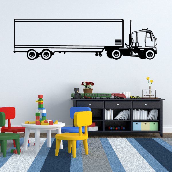 Semi truck decal sticker with cab and rectangular trailer, black and white line art