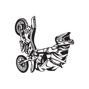 Dirt bike decal with a black-and-white rider doing a flip jump