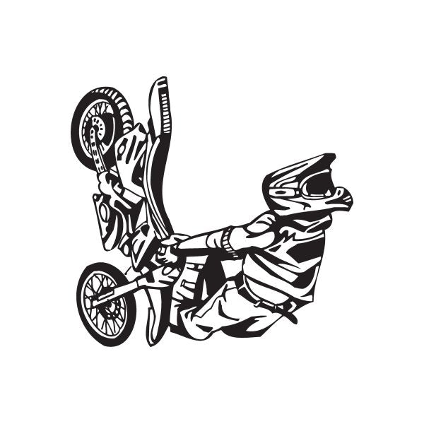 Dirt bike decal with a black-and-white rider doing a flip jump