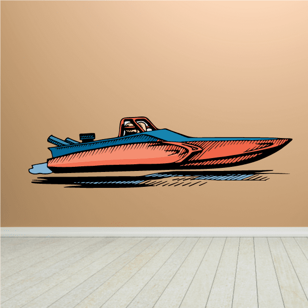 Speedboat sticker with orange hull, blue accents, and red stripe graphic