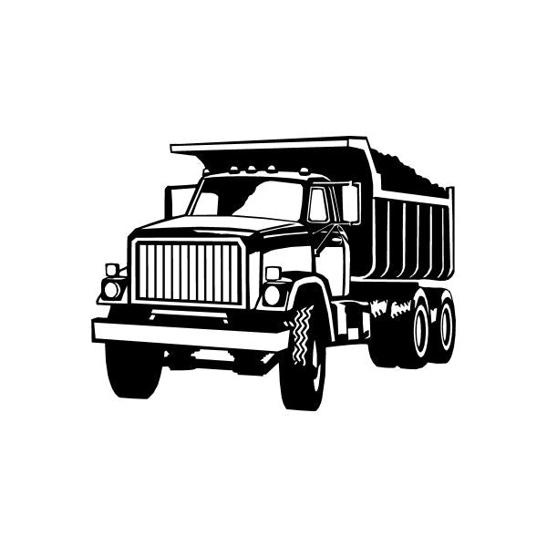 Small dump truck decal with front view, grille details, and open cargo bed