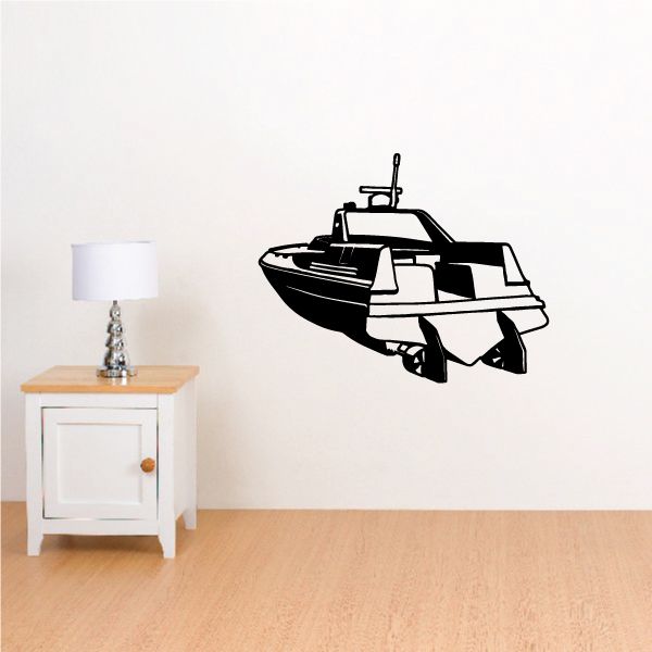 Black and white speedboat wall decal with detailed aft design