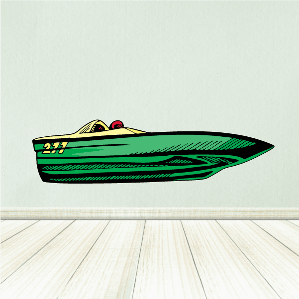 Speedboat hull sticker, green racing boat with yellow deck and cartoon pilot