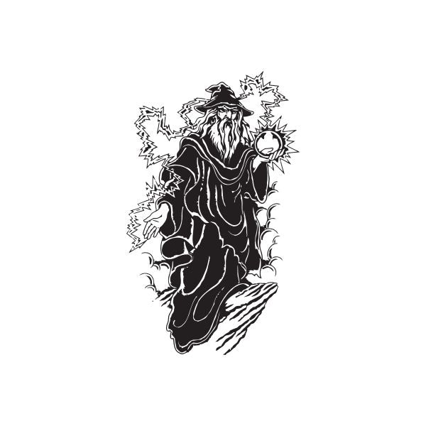 Detailed thunder wizard decal with black outline, lightning-bolt elements and beard