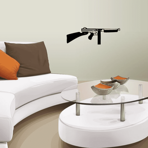 Tommy gun wall decal with black-and-white pistol illustration