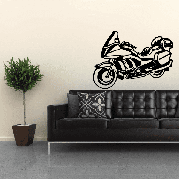 Touring bike wall decal with detailed line-art illustration in black and white