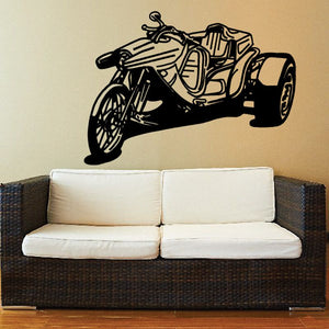 Black trike motorcycle wall decal with detailed engine and wheels outline