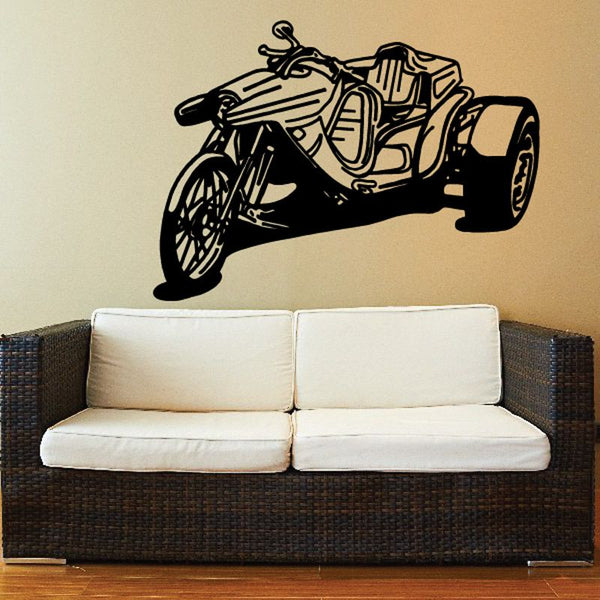 Black trike motorcycle wall decal with detailed engine and wheels outline