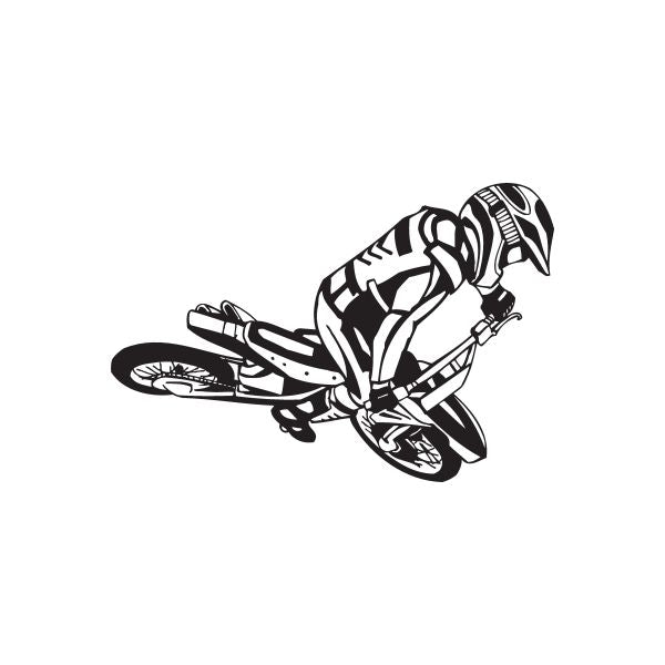 Black and white dirt bike decal of rider on motocross bike