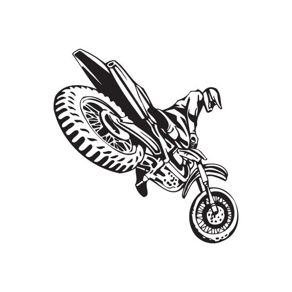 Dirt bike decal with black-and-white stylized wheel and engine graphic