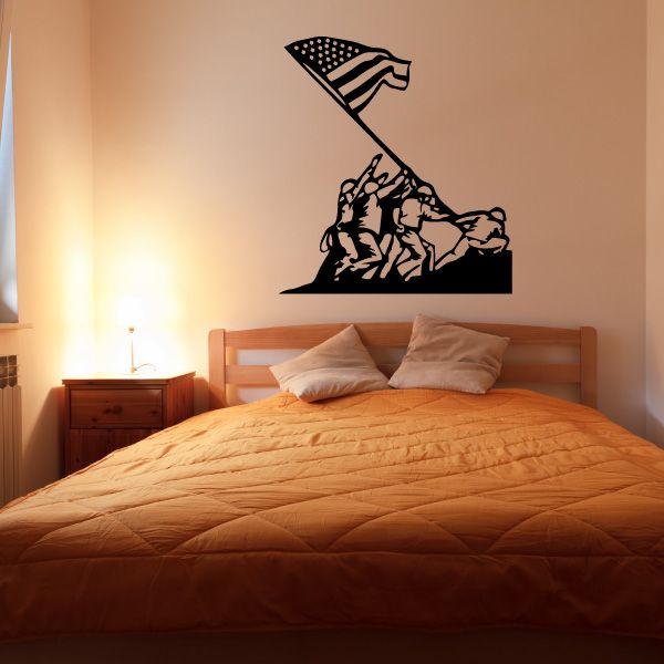Waving flag wall decal with Iwo Jima-style figures and dark outlines