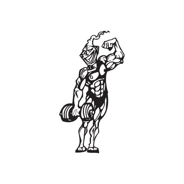 Weight lifting wall decal featuring a muscular flexing man holding a dumbbell, black outline