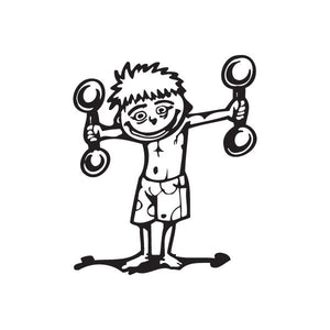 Wall decal of a young man lifting dumbbells, black and white outline
