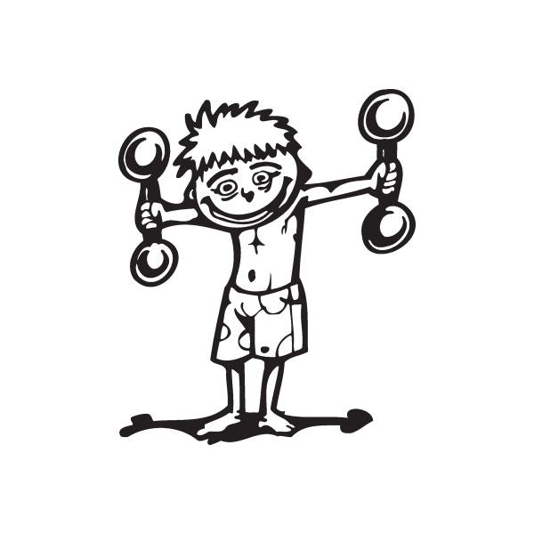 Wall decal of a young man lifting dumbbells, black and white outline