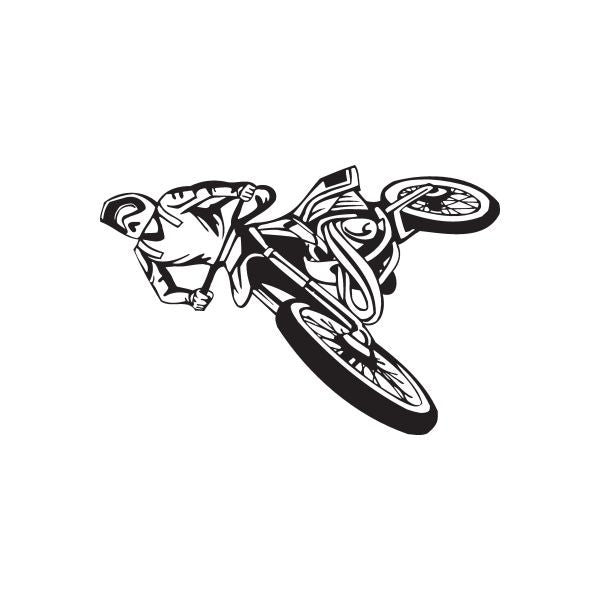 Black and white motocross dirt bike jump decal with stylized rider and wheels