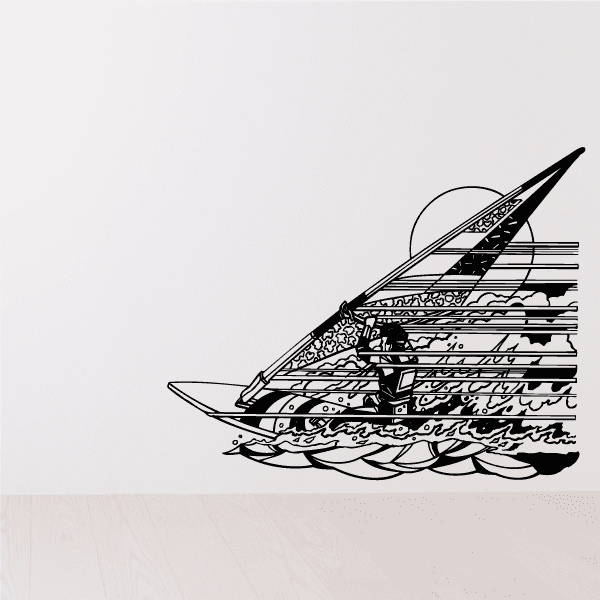 Windsurfing decal with a black-and-white sailboard graphic and detailed line patterns