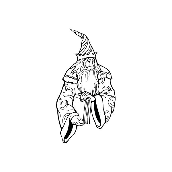 Wizard holding spell book decal in black line art